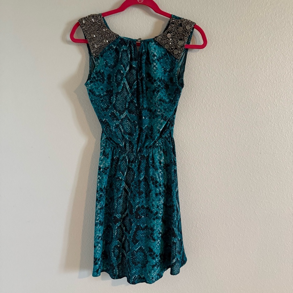 Alice & Trixie Silk Teal Mini Dress with Embellished Shoulders